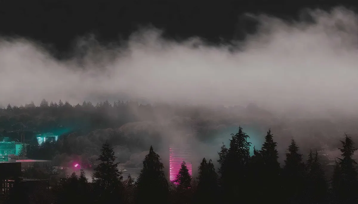 Photo of clouds moving past trees in the foreground, with neon blue and pink lights.